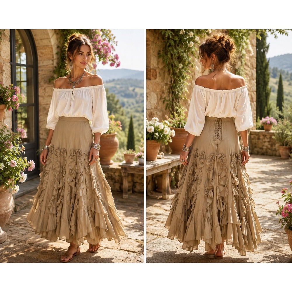 Cordelia Hippie Chic Rosette Ruffle Maxi Tiered Corset Back Lace Up Skirt Large